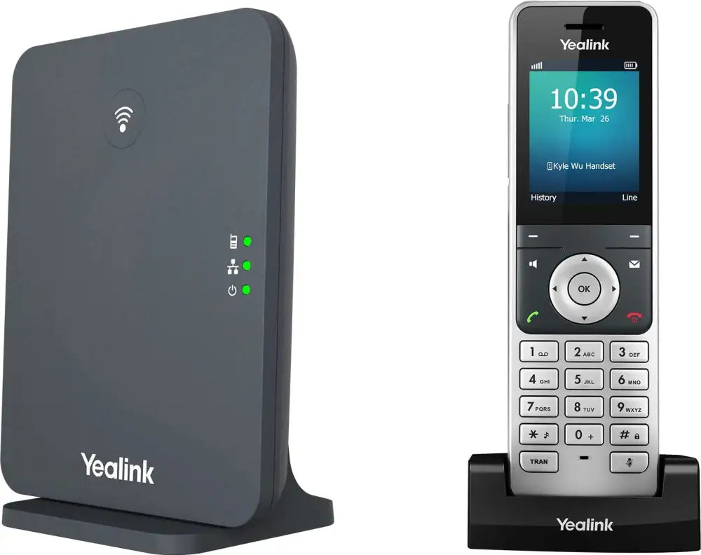 Yealink W76P IP DECT wireless phone handset and W70 base station on white background