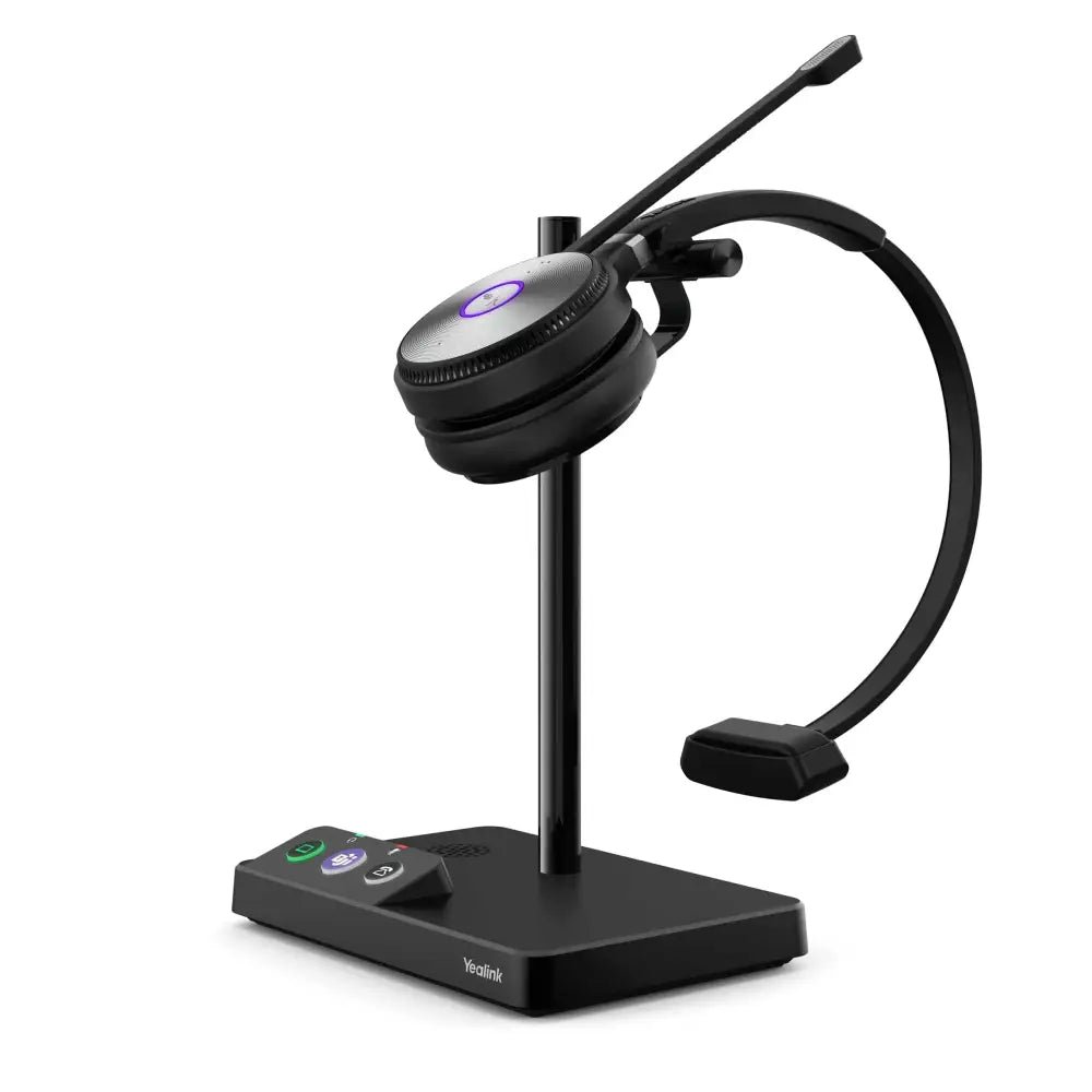 Yealink WH62 mono DECT wireless headset with microphone on charging base, black