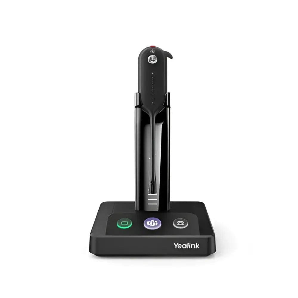Yealink WH63 convertible DECT wireless headset on charging base with control buttons