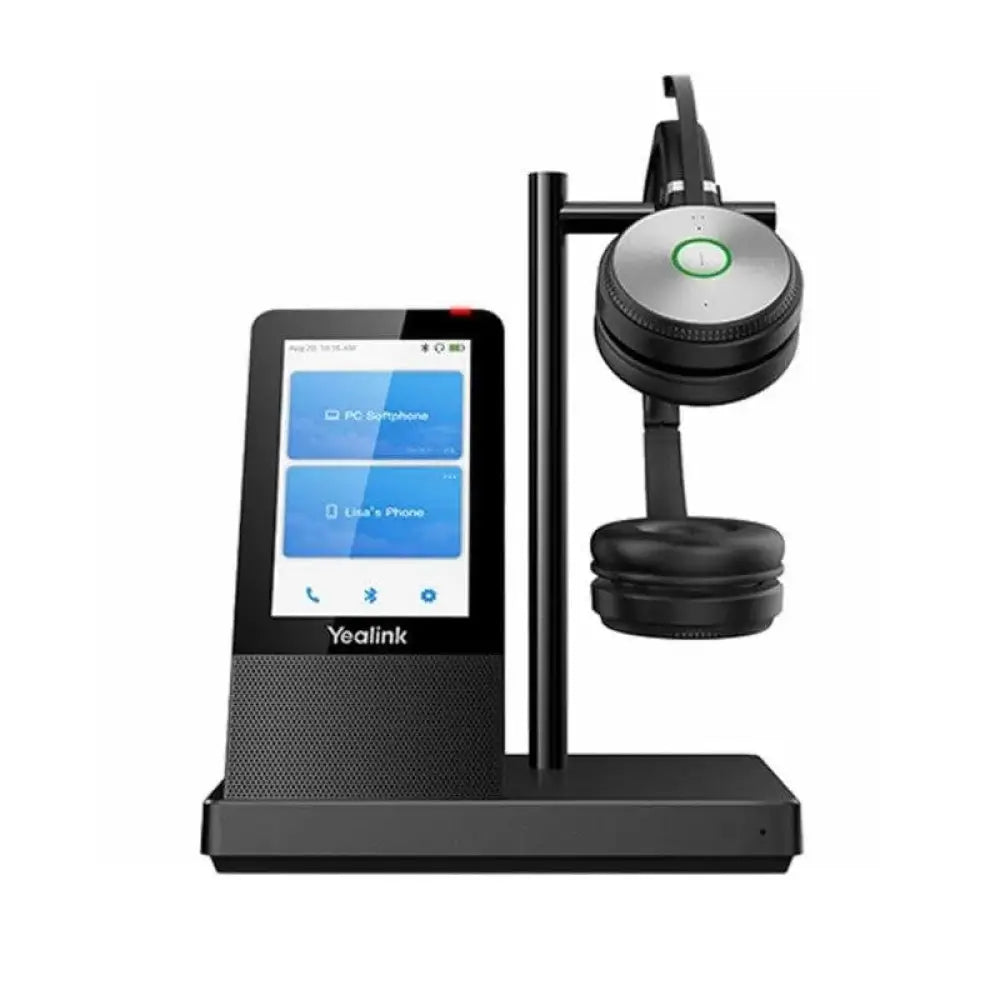Yealink WH66 dual DECT wireless headset with touchscreen base on white background