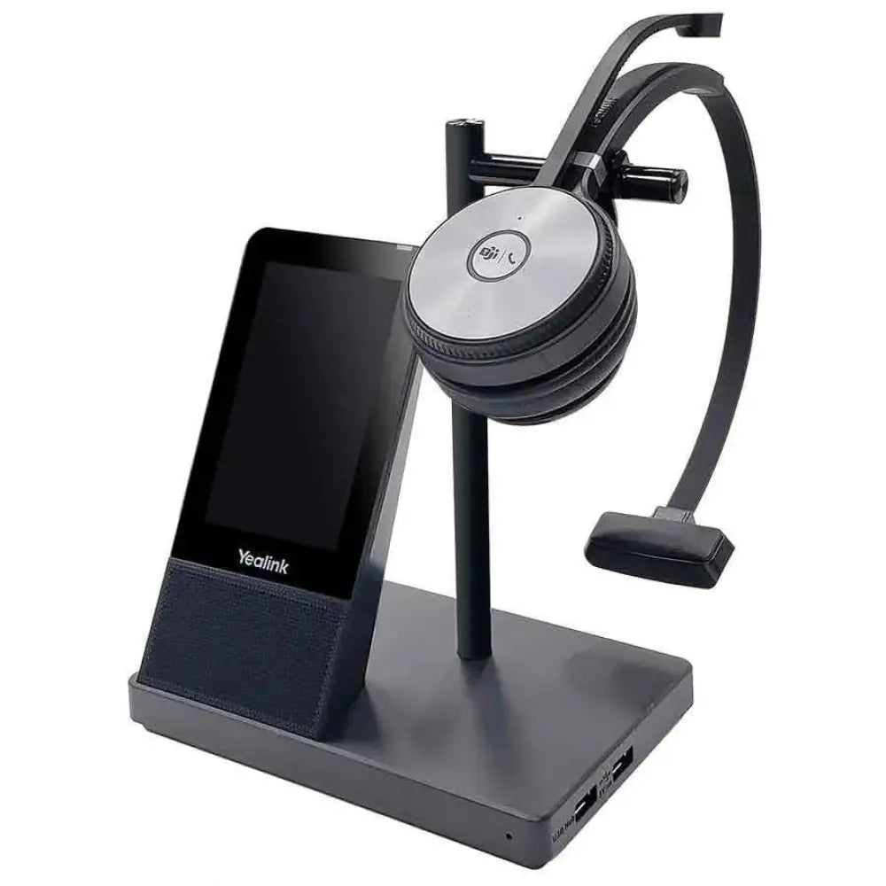 Yealink WH66 mono DECT wireless headset on charging base with touchscreen display