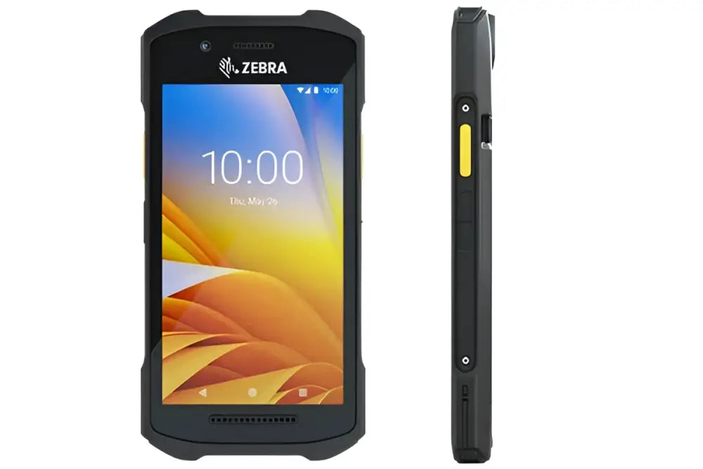 Zebra TC21 handheld Android barcode scanner, front and side view, black rugged design
