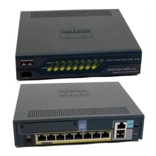 Front and rear view of Cisco ASA 5505 firewall appliance, network security device with Ethernet ports.