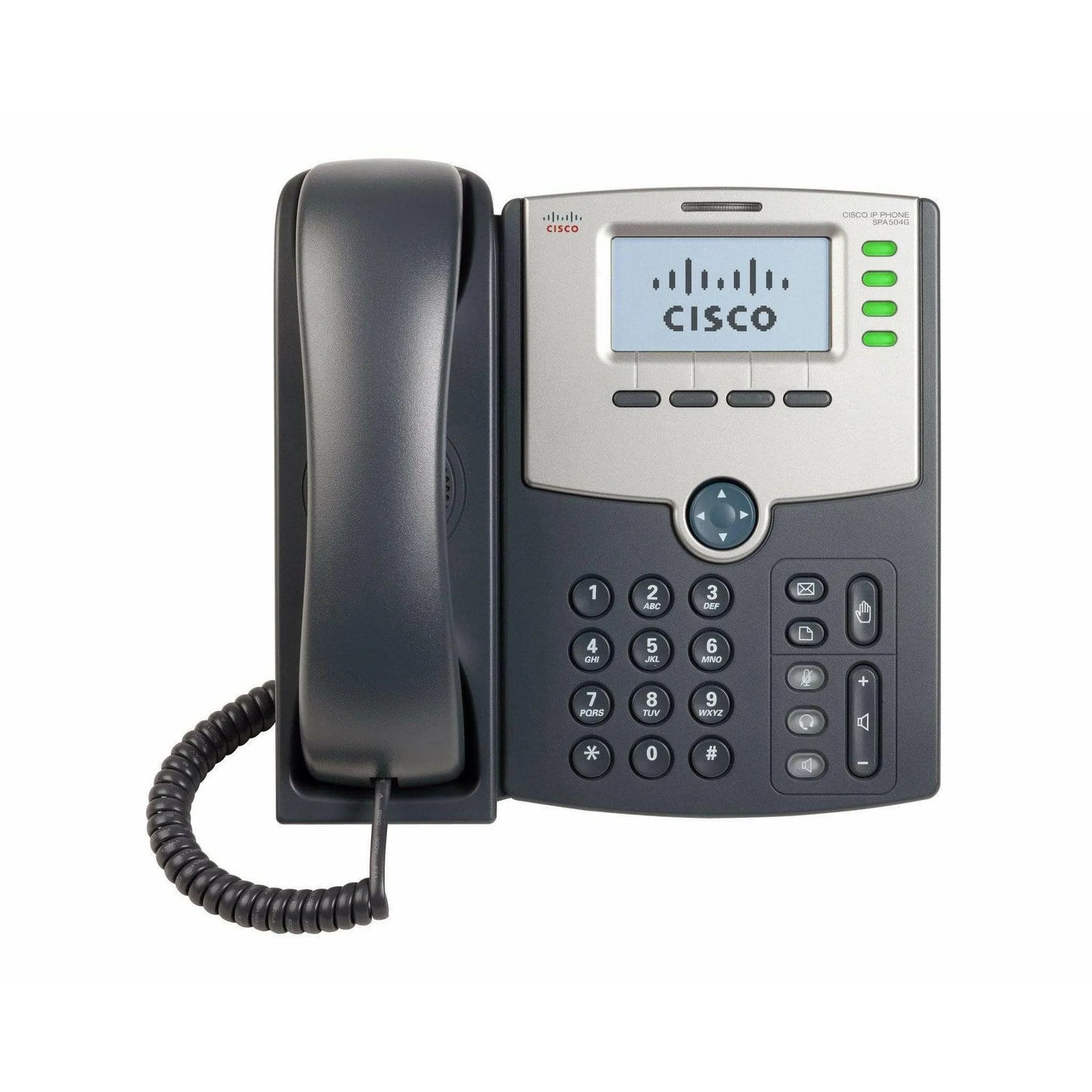 Cisco SPA504G small business IP phone with display screen and corded handset