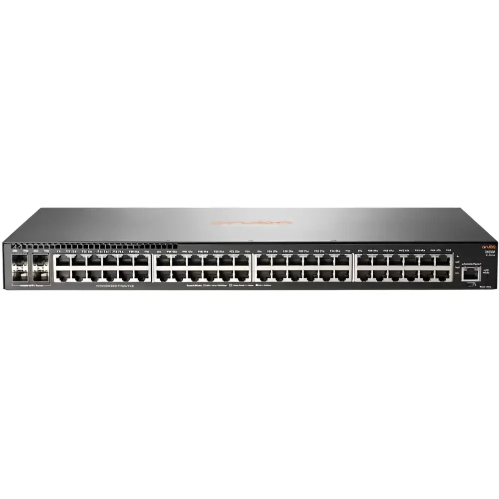 HP Aruba 2930F 48G PoE 4SFP 740W switch refurbished, front view with 48 ports and SFP slots